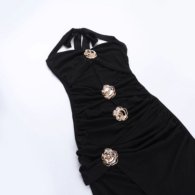 Elegant Black Halter-neck Rose Metal Button Prom Dress Sheath Evening Gown Party Dress Trailing Long Formal Dress TP4845