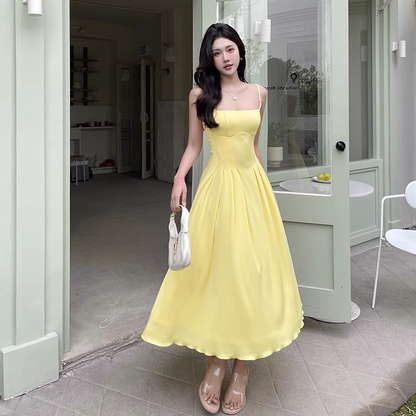 Women New Simple Fashion Yellow High-waist Spaghetti Strap Dress TP2889
