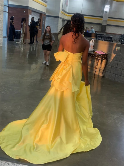 Chic Sunny Yellow Satin Strapless Sheath Evening Gown Prom Dress TP5239