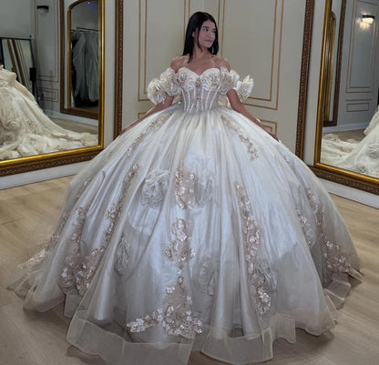 Elegant Sweetheart Sequins 3D Floral Applique Off-Shoulder Quinceanera Ball Gown TP5245