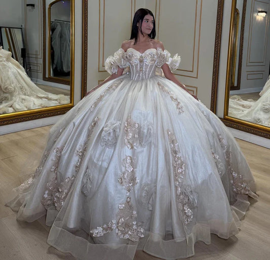 Elegant Sweetheart Sequins 3D Floral Applique Off-Shoulder Quinceanera Ball Gown TP5245