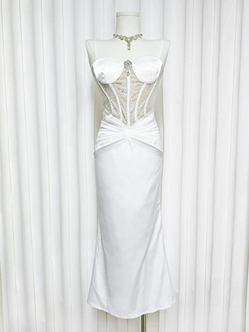 Elegant Purple Satin Spaghetti Straps Sheer Lace Corset Bodycon Prom Dress TP6108