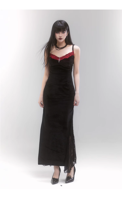 Simple Fashion Black Velvet Red Lace Spaghetti Strap Dress TP2956