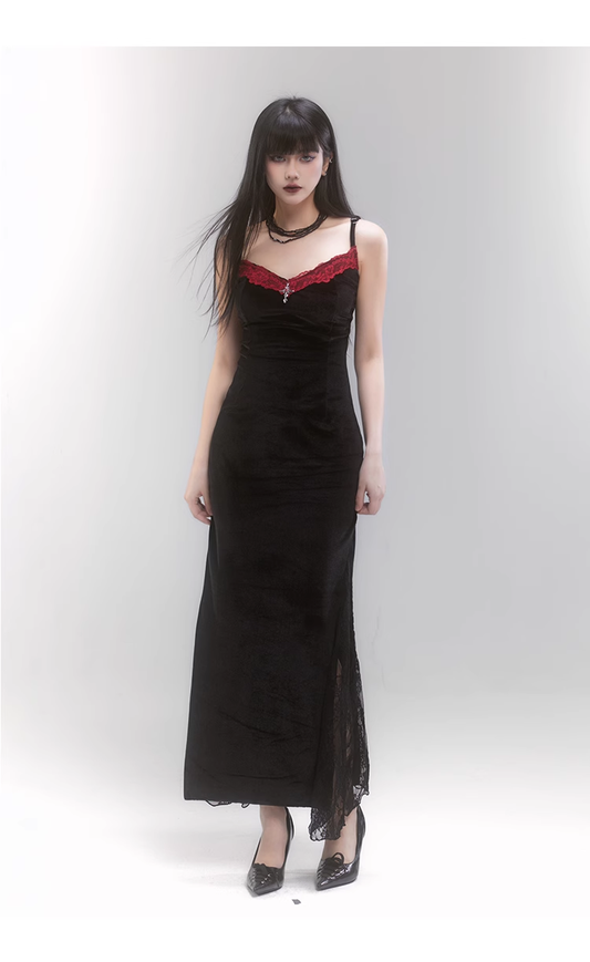 Simple Fashion Black Velvet Red Lace Spaghetti Strap Dress TP2956