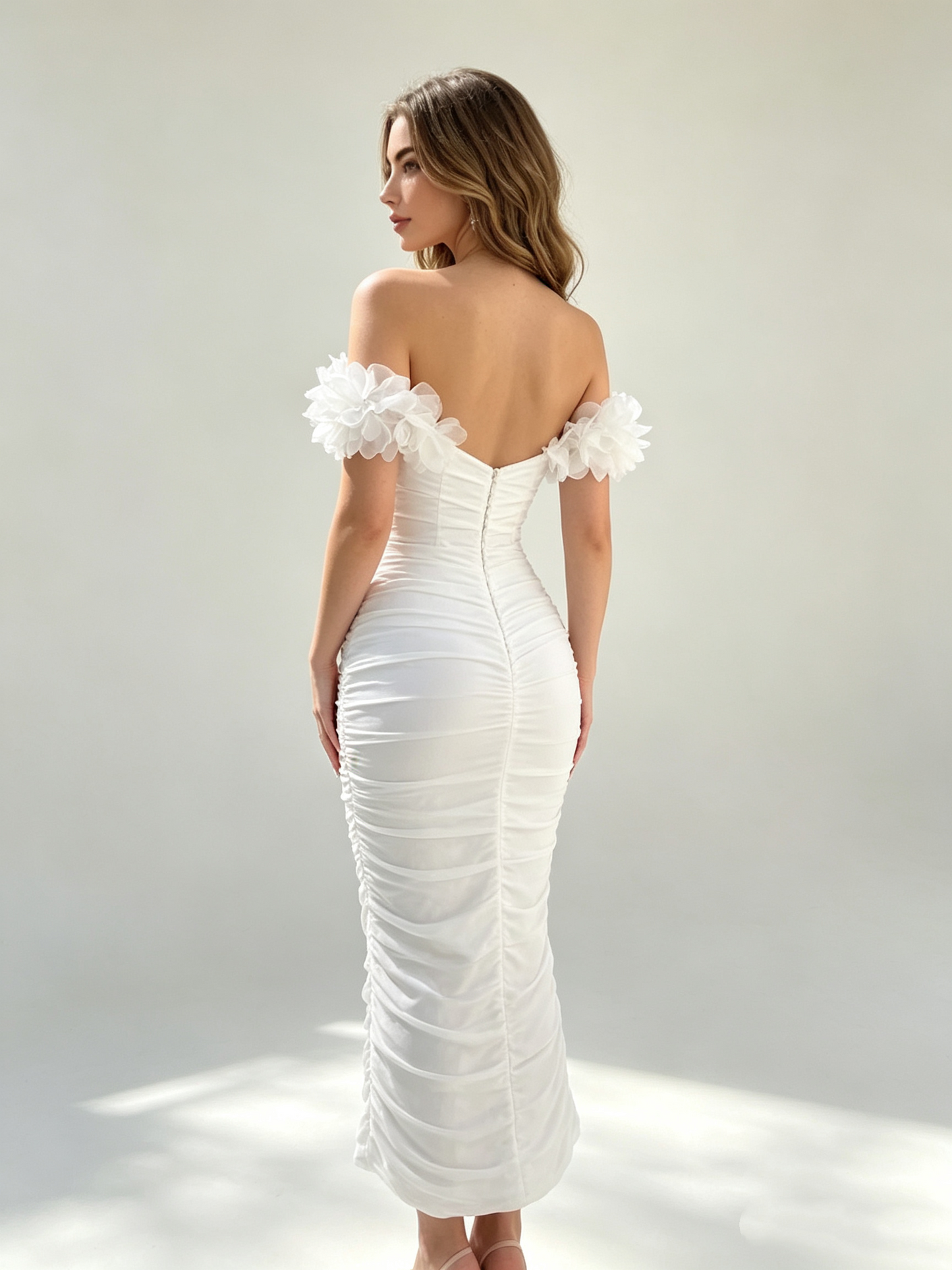 Romantic White Off-the-Shoulder 3D Floral Ruched Midi Bodycon Wedding Wedding Dress TP5986