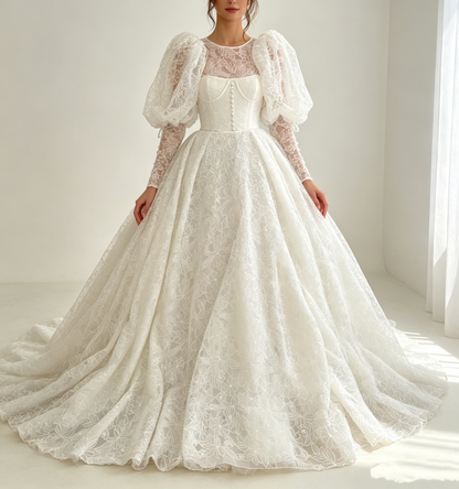 Vintage Ivory High Neck Wedding Dress Puff Long Sleeve Floral Lace A-Line Wedding TP5912