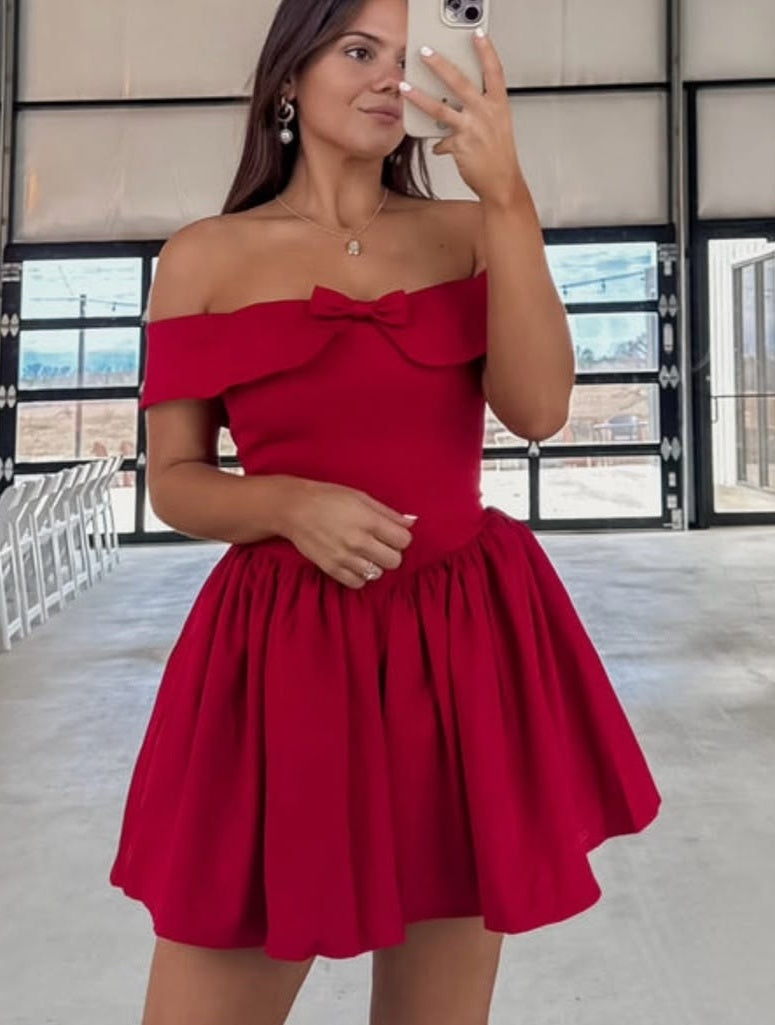 Vintage Red Off-the-Shoulder Bow A-Line Homecoming Dress TP5888