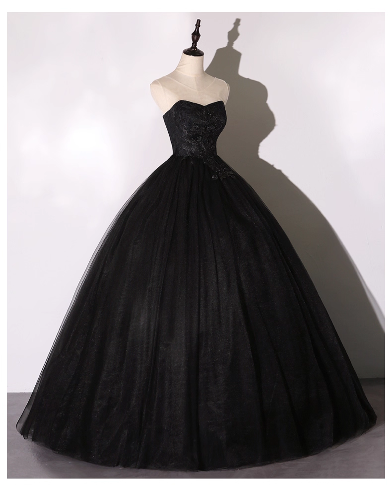 Vintage Black Applique A-Line Evening Gown Tulle Strapless Party Dress Long Formal Dress TP4951