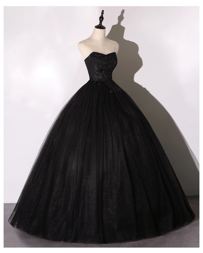 Vintage Black Applique A-Line Evening Gown Tulle Strapless Party Dress Long Formal Dress TP4951