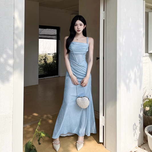 Vintage Shiny Light Blue Spaghetti Strap Mermaid Long Summer Dresses Prom Dress Evening Dress TP4359