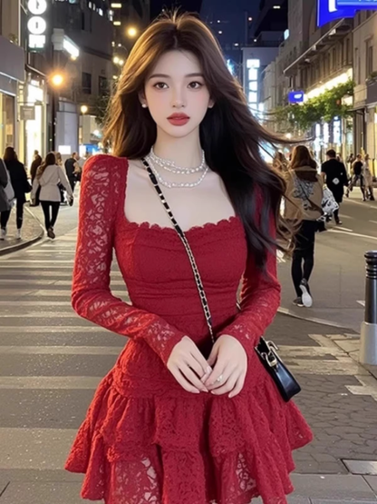 Vintage Burgundy Lace Long-sleeve A-Line Tiered Homecoming Dress Party Dress Cocktail Dress TP4723