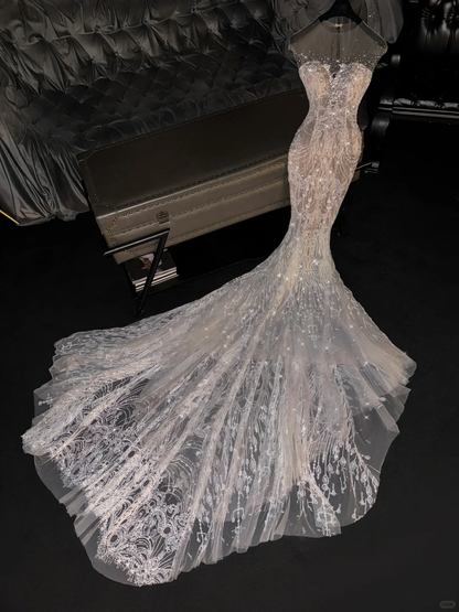 Vintage Sheer Lace Mermaid Beaded Sweetheart Evening Gown TP5396