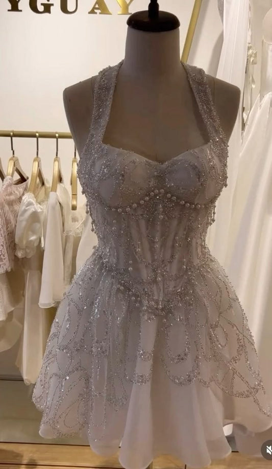 Vintage White Halter-Neck Rhinestone Beaded Corset Tulle Mini A-Line Homecoming Dress TP6040