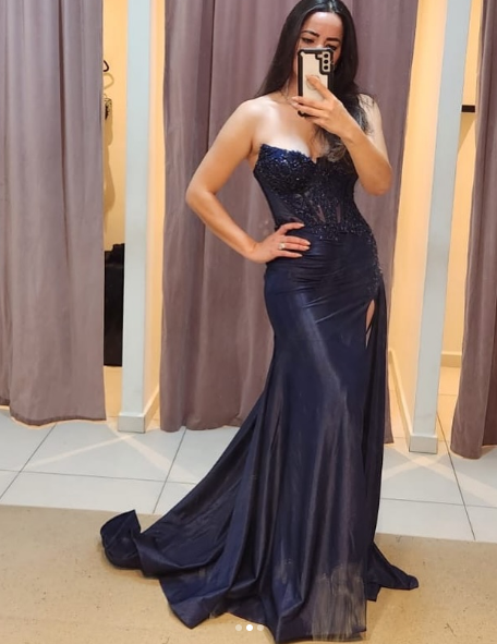 Navy Blue Mermaid Spaghetti Strap Lace Satin High Split Long Prom Dresses TP1698
