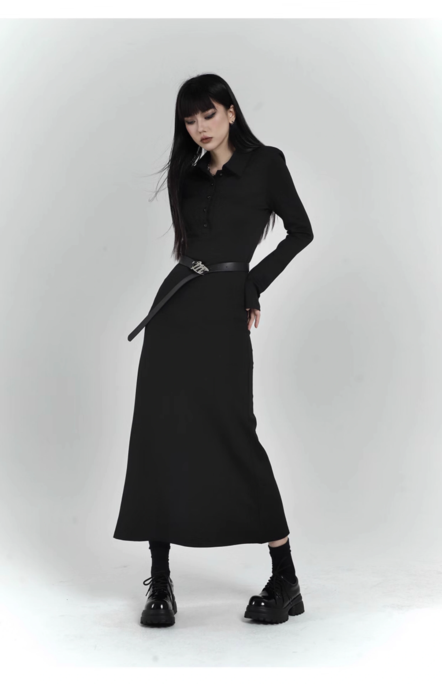 New Fashion Design POLO Style Women Black Long-sleeved Dress TP2937