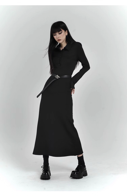 New Fashion Design POLO Style Women Black Long-sleeved Dress TP2937
