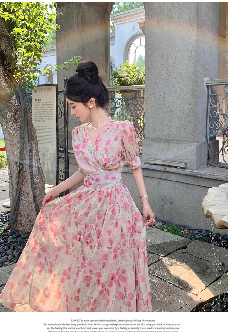 New Fashion Pink Floral Design Short Sleeves V-neck A-Line Women Long Dress TP3046