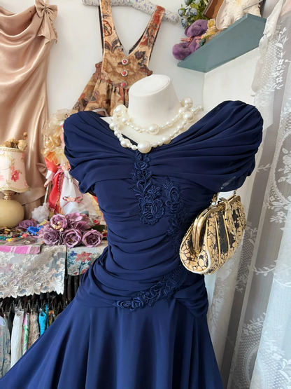 Vintage Navy Blue Off-the-Shoulder Embroidery A-Line Evening Gown TP5857