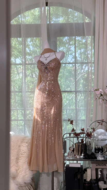 Luxury Champagne Beaded Mermaid Evening Gown Spaghetti Strap Sparkle Formal Prom Dress TP5744