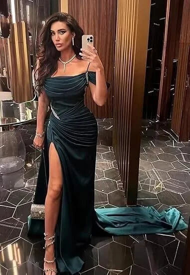 Elegant Mermaid Spaghetti Strap Prom Dress Pleated High Slit Evening Gown Party Dress Long Formal Dress TP4815