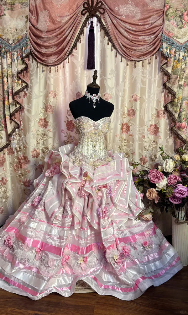 Vintage Pink Sweetheart Strapless Beaded Sweet 16 Quinceanera A-Line Evening Dress Ball Gown TP4288