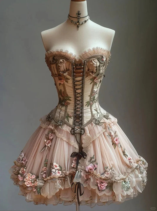 Retro Strapless Floral Design Lolita Princess Dress A-line Beaded Chiffon Party Dress Homecoming Dress TP4086