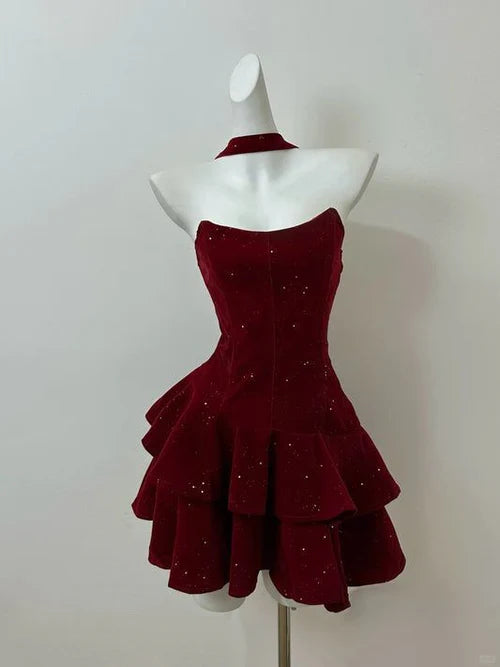 Vintage Burgundy Shiny Beaded A-Line Strapless Homecoming Dress Party Dress Cocktail Dress TP4701