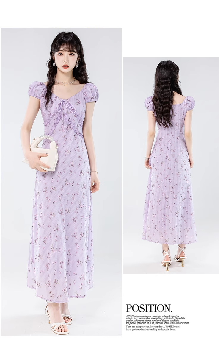 Simple Fashion Floral Design Sweet A-line V-neck Short-sleeved Dress TP3347