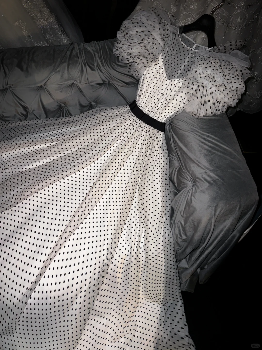Vintage Black Polka Dot Tulle Ruffled Organza Sleeve Satin Belt Evening Gown TP5390