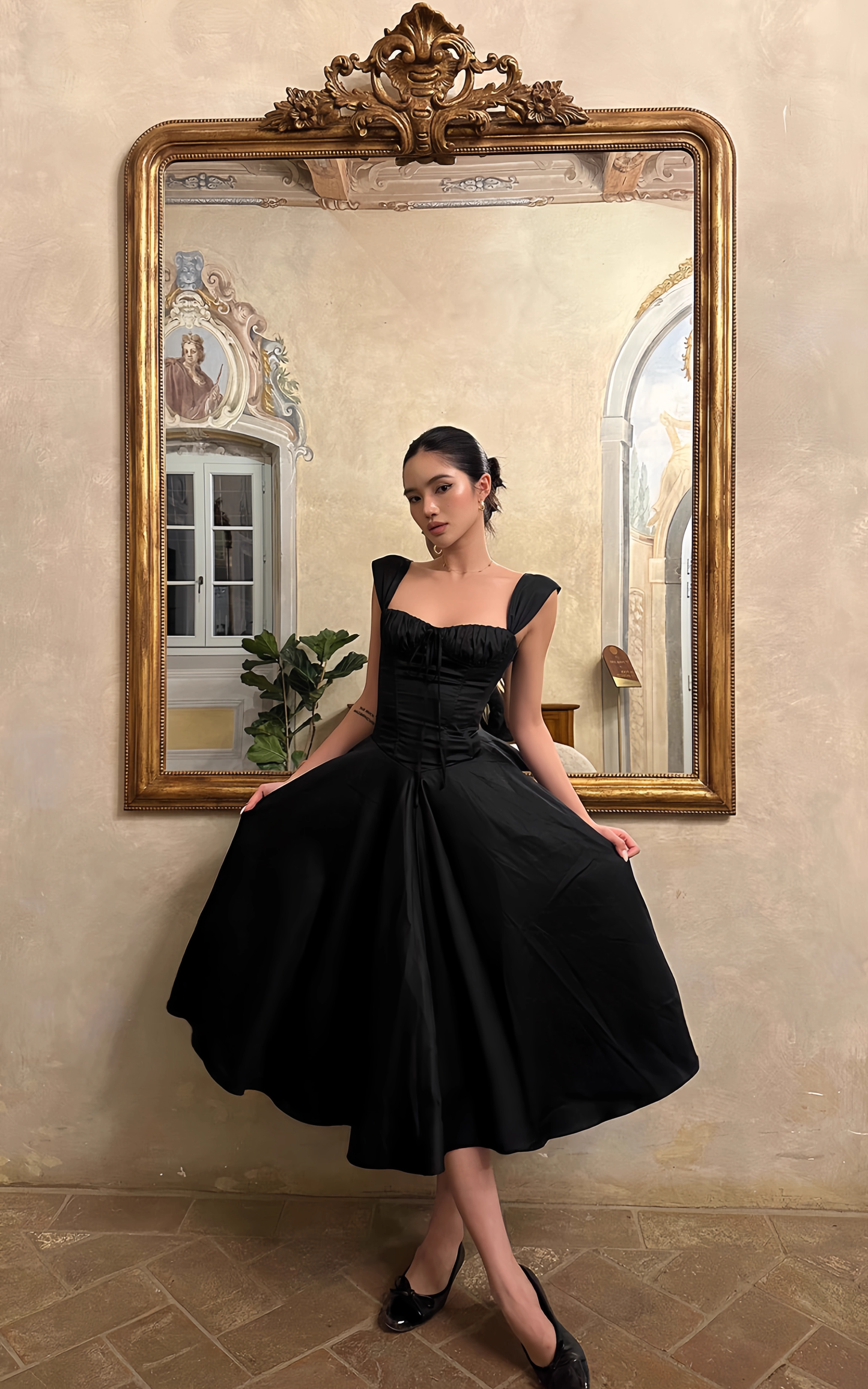 Chic Black A-Line Evening Gown Straps Party Dress Tea Length Formal Dress TP4920