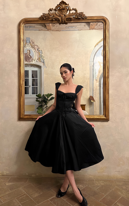 Chic Black A-Line Evening Gown Straps Party Dress Tea Length Formal Dress TP4920