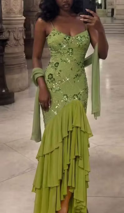 Vintage Olive Green Floral Sequin Spaghetti Strap Mermaid Tiered Matching Scarf Evening Gown TP5900
