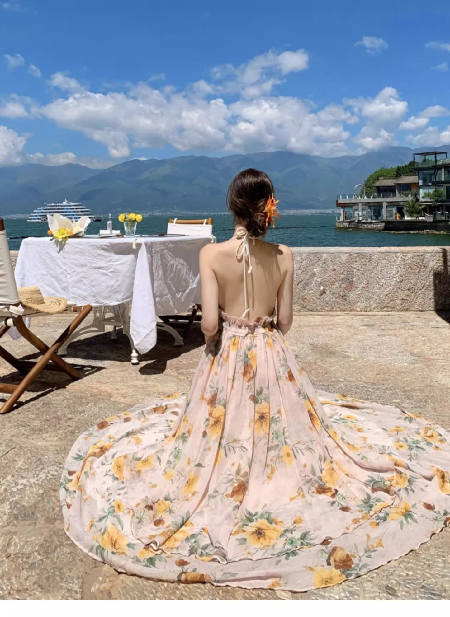 New Fashion Floral V-neck Design Elegant Beach Holiday A-line Sleeveless Halter Dress Summer DressTP4257