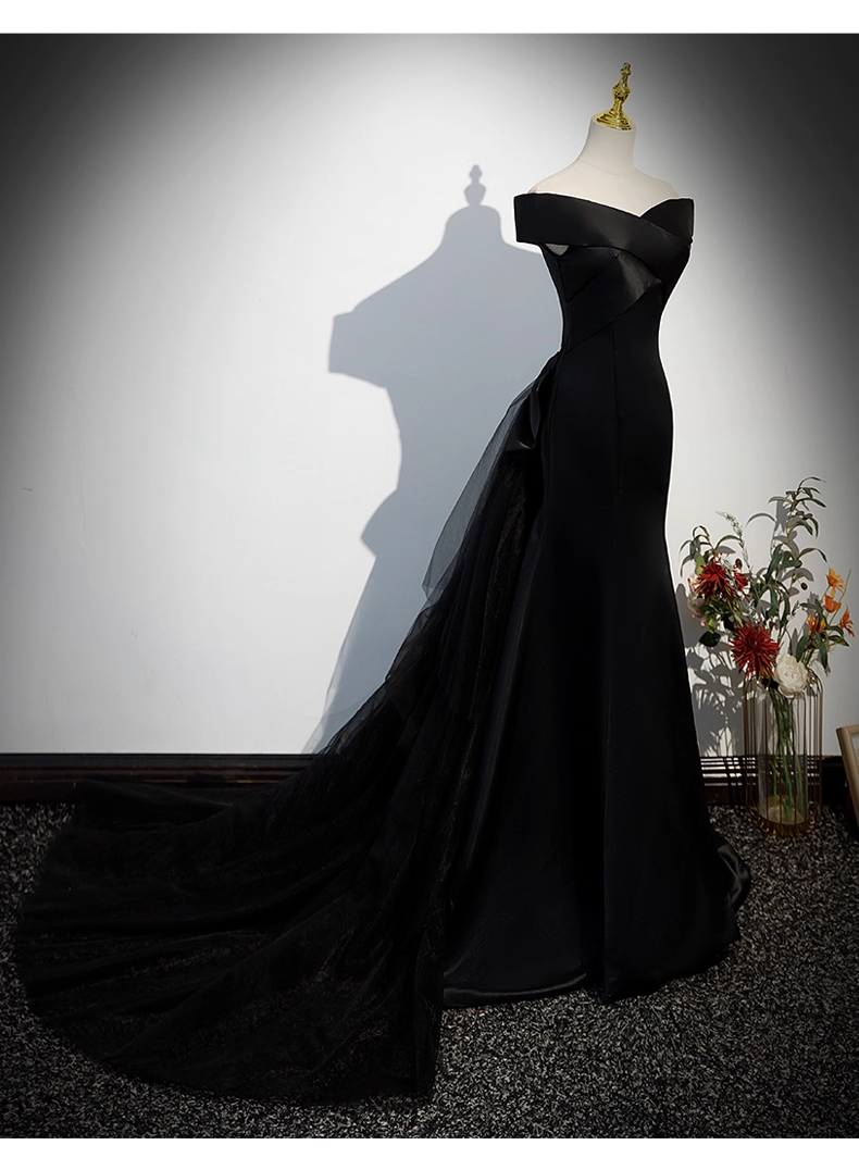 Vintage Black A-Line Evening Gown Satin Off-the-shoulder Party Dress Tulle Dress Hem Formal Dress TP4941