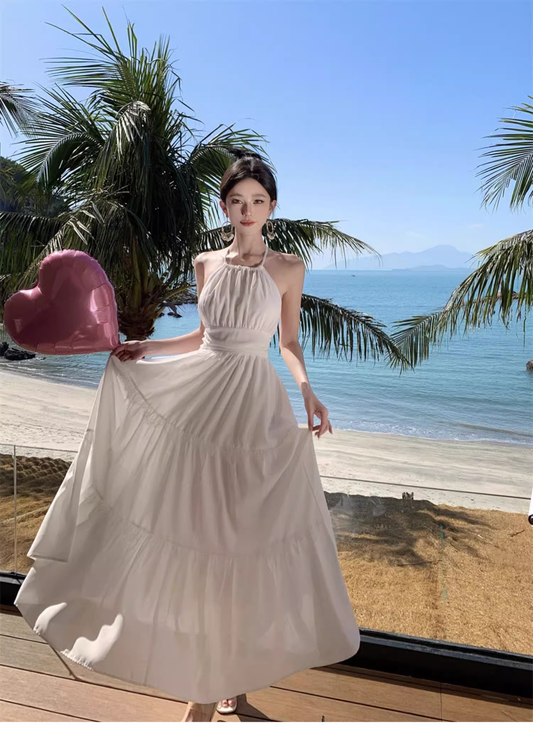 New Stylish White Sleeveless Backless Beach Casual Halter Dress TP2970