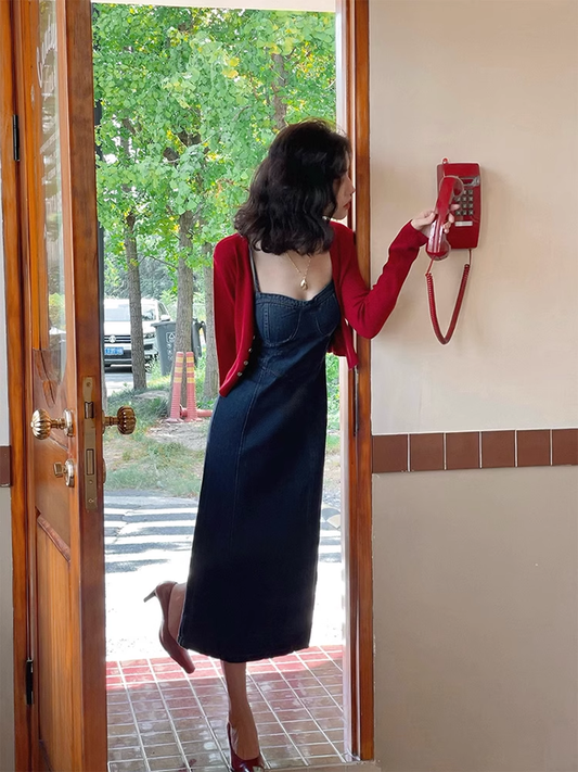 Simple Fashion Red Cardigan & Spaghetti Strap Denim Dress TP3162