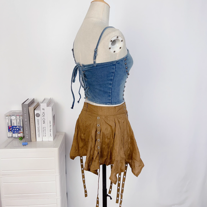 Vintage Irregular Ruffled Skirt Design A-line Casual Sleeveless Denim Vest A Two-piece Dress TP3256