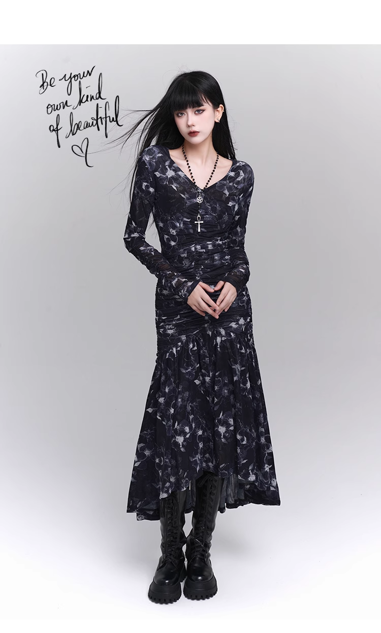 New Fashion Design Floral Pattern Women Long-sleeved Dress TP2946