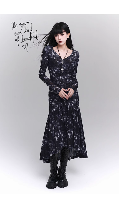 New Fashion Design Floral Pattern Women Long-sleeved Dress TP2946