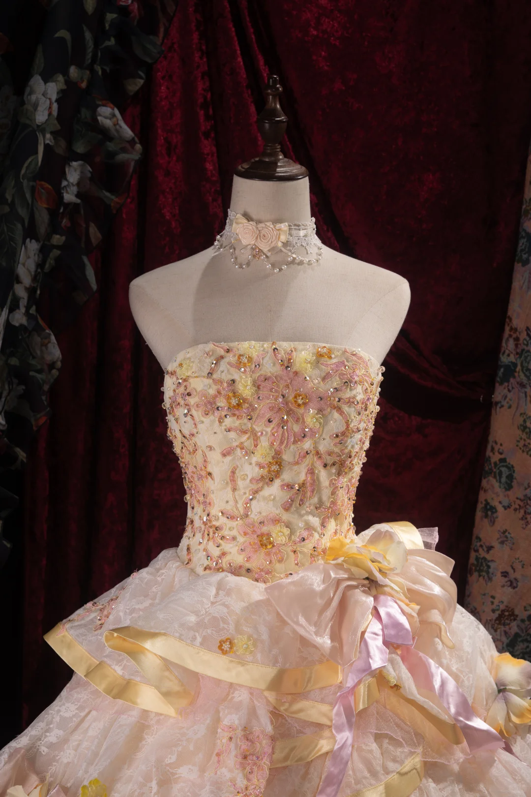 Vintage-Inspired Cream & Pink Tiered Strapless Beaded Floral Appliqués Ball Gown TP5796