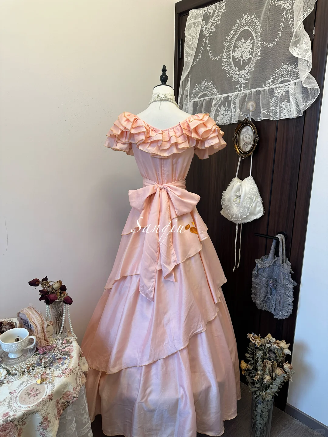 Vintage Pink Chiffon Evening Dress A-Line Ruffled Tiered Long Prom Dress TP4990