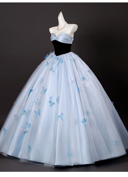 Chic Sky Blue Sweetheart Beaded Sweet 16 Quinceanera 3D Flowers A-Line Strapless Evening Dress Long Ball Gown TP4948