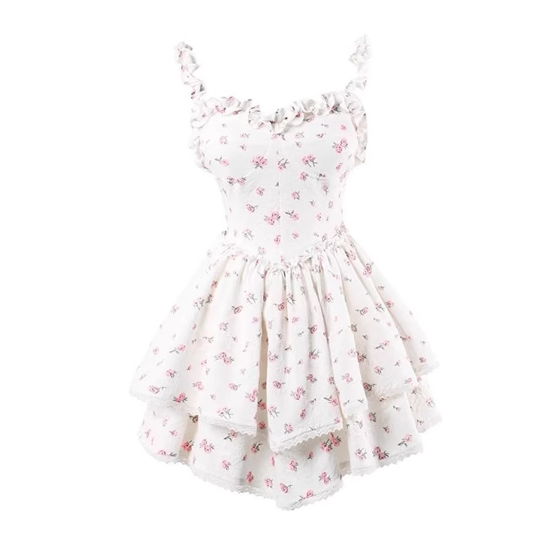 New Fashion Pink Floral Design A-line Sleeveless Spaghetti Strap Tiered Dress TP3291