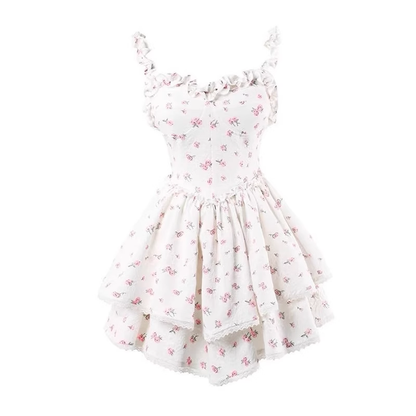 New Fashion Pink Floral Design A-line Sleeveless Spaghetti Strap Tiered Dress TP3291