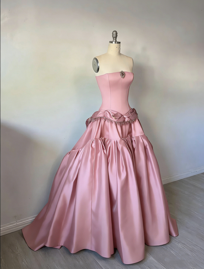 Vintage Burgundy Satin Sweet 16 Quinceanera Strapless Beaded Evening Dress Long Ball Gown TP4962