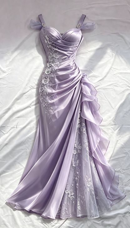 Vintage Dusty Blue Satin Mermaid Sweetheart Spaghetti Strap 3D Floral Lace Applique High Slit Ruffle Prom Dress TP5892