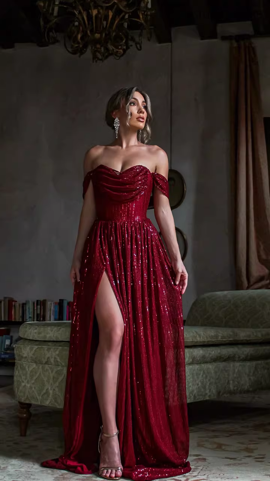 Elegant Sequin Off-he-Shoulder Prom Dress Evening Gown with High Slit & Train Wedding Guest Maxi Dress TP5749