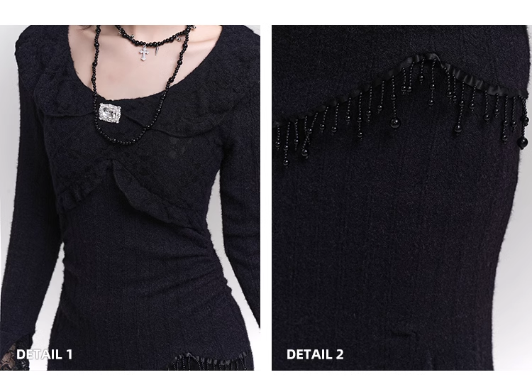 Elegant Fashion Tassels Lace Cuff Design Long-sleeved Dress TP2947