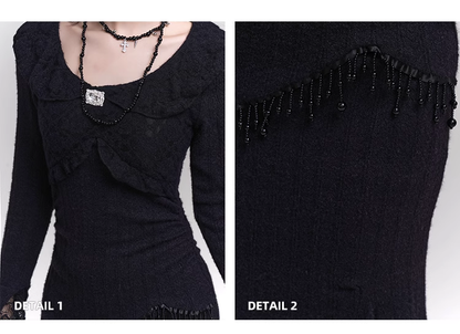 Elegant Fashion Tassels Lace Cuff Design Long-sleeved Dress TP2947