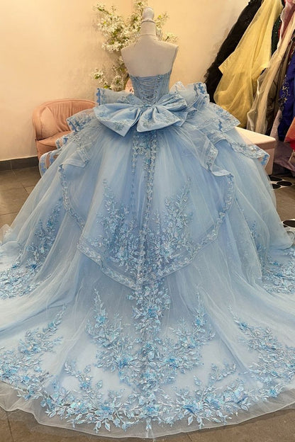 Glamorous Sky Blue Glitter Tulle Strapless Beaded Embroidery Sweet 15 Quinceanera Ball Gown TP5447